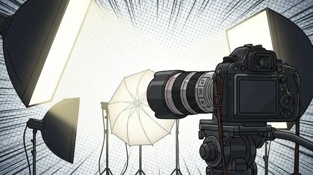 Illustration of professional photography studio setup with camera, lights, and backdrop.