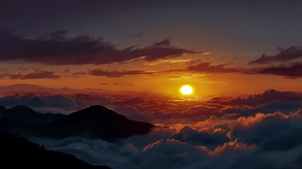 Fototapeta premium Sunrise over the mountain peak with fog and clouds, creating an epic sunrise scene. A colorful sky with sun rising behind mountains, illuminating the peaks above sea of cloud