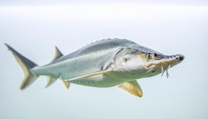 A large, streamlined fish with an elongated snout and barbels, shown swimming