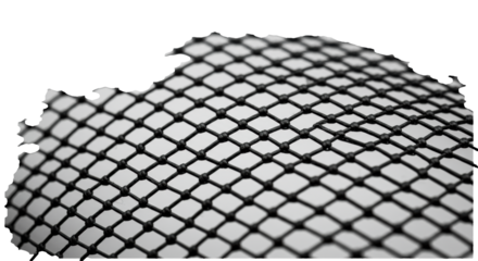 Extreme macro of a black nylon mesh net with a square grid pattern on a transparent background. Concept of material texture and geometry