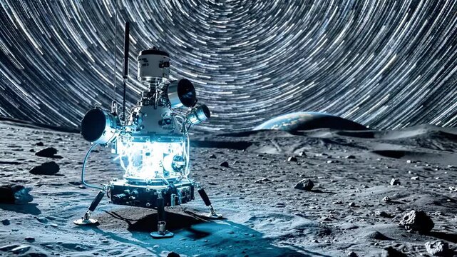 A spacecraft with a bright blue light sits on a rocky, barren surface with a starry night sky in the background