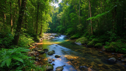 Obraz premium Lush tropical rainforest river flowing through vibrant green jungle, a perfect tranquil scene for captivating nature illustrations and beautiful environmental designs