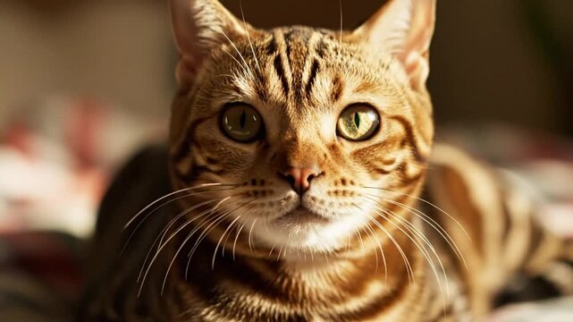 Close up view of a beautiful golden Bengal cat looking directly at the camera while making a growling sound