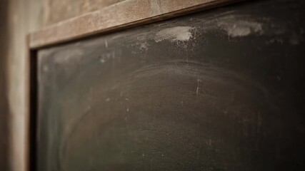 Closeup of an old chalkboard with a wooden frame on a textured, aged wall in a classroom setting