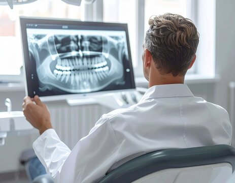 Patient Sitting in a Dental Chair Staring at a Panoramic X-ray on the Monitor