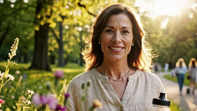 Happy woman enjoying the sunlight in the park and finding balance while prioritizing her wellbeing