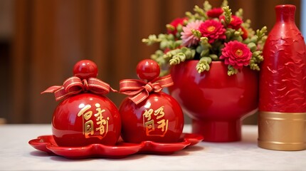 Festive Chinese New Year decoration set featuring glossy red spheres with gold calligraphy, bows, and vibrant floral arrangements.