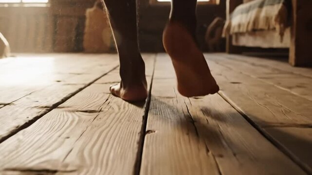 Bare feet walking on old wooden floorboards with sunlit dust particles in a rustic interior