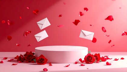 Valentine product podium with floating love letters and red roses background