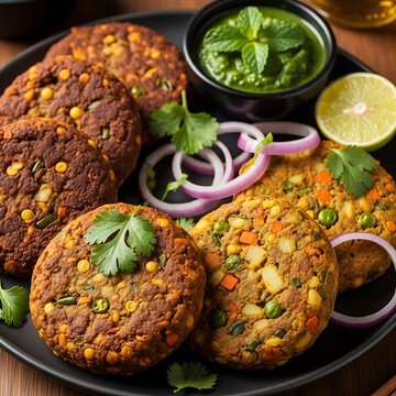Delicious Hara Bhara Kabab - Indian Vegetarian Appetizer with Mint Chutney.