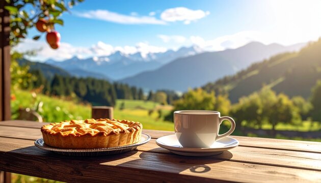 Scenic Breakfast - Apple Pie and Coffee with Mountain View.