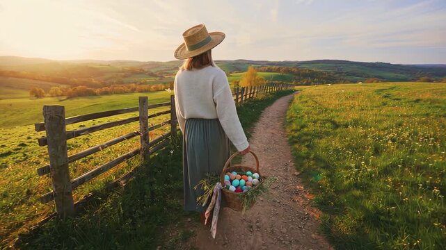 Woman in hat carrying basket with colorful easter eggs walking on country path at sunset for spring holiday content