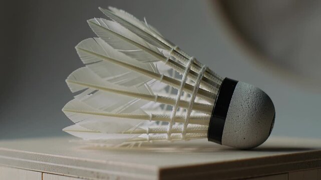 Badminton shuttlecock on wooden surface with changing lighting, illustrating sport equipment in varying light conditions for athletic display