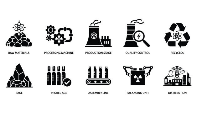 Industrial manufacturing process icon set design in black and white vector factory elements