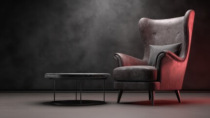 High back wing chair with sleek black coffee table background on blurred background