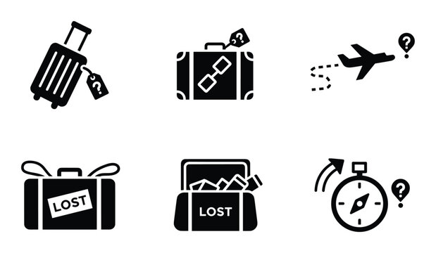 Lost baggage icons set concept for travelers and tourists in glyph style one hundred characters