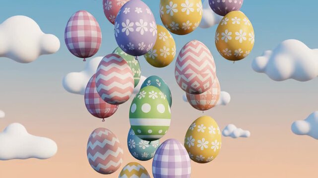 Colorful patterned Easter egg balloons floating with clouds in a pastel sky, celebrating spring holidays and seasonal festivity