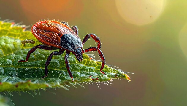 Macro shot of a tick on a green leaf, showcasing detail against a blurred, golden background
