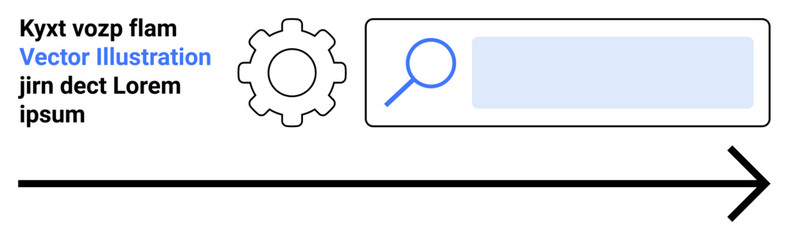 Obraz premium Business workflow, technology integration, searching process, navigation tools, website interfaces, optimization methods. Gear icon and search bar with magnifying glass. Business workflow