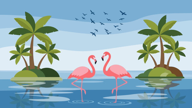 Two pink flamingos standing in water between tropical islands.