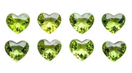 Green heart-shaped gems, valentine love symbols, jewelry design elements on transparent background