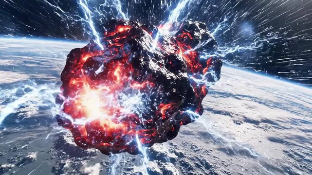A large asteroid collides with Earth, causing a massive explosion with bright red and orange flames and blue lightning bolts