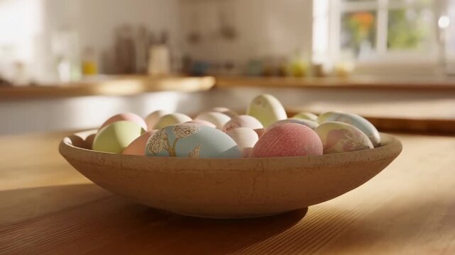 Bowl of pastel decorated eggs on a wooden kitchen counter with sunlight, for Easter celebration and spring holiday decoration