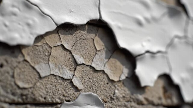 Close up view of chipping white paint on rough concrete surface with peeling and cracked texture