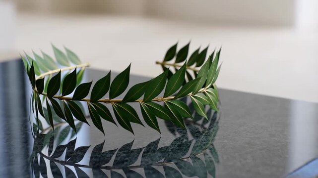 Green laurel wreath on a dark reflective surface. Symbol of victory, achievement, and success with elegant reflections.