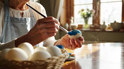 Caucasian woman painting an Easter egg with a brush and blue paint, making holiday decoration with basket of white egg