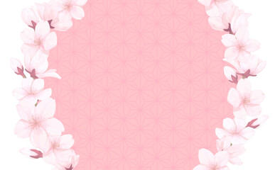Fototapeta premium 手描きの桜のフレーム_左右円形_中ピンク背景