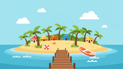 Obraz premium Tropical Island with Palm Trees and Wooden Pier.