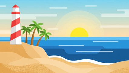 Obraz premium Tropical beach scene with lighthouse and palm trees at sunrise.