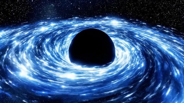 A swirling blue cosmic vortex with a black center set against a starry night sky