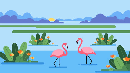 Two pink flamingos standing in a serene lake surrounded by lush greenery and vibrant flowers. © Abhinaya Project