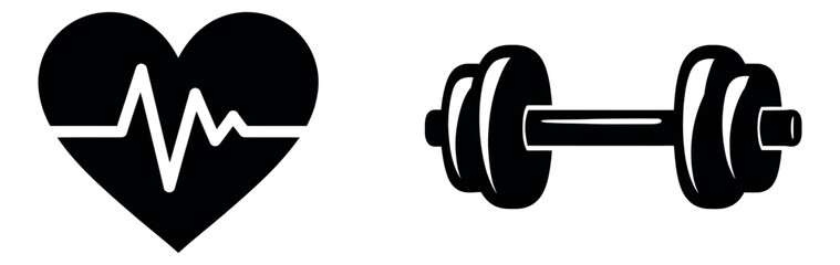 Solid icon health and fitness set featuring a heart with a pulse line and a dumbbell for workout and wellness applications