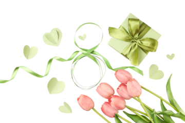 Spring flowers, gifts, and hearts for women's day, isolated, PNG
