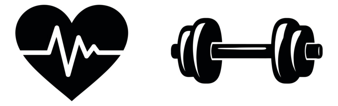 Solid icon health and fitness set featuring a heart with a pulse line and a dumbbell for workout and wellness applications