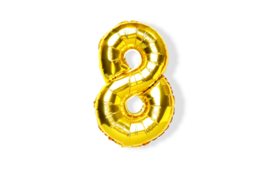 Gold number 8 balloon for celebration, isolated, PNG