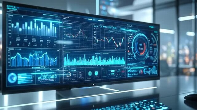 Modern computer screen displaying complex financial data and analytics in a futuristic office.