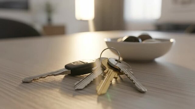 Keys and a bowl of decorative stones on a wooden table in a home.