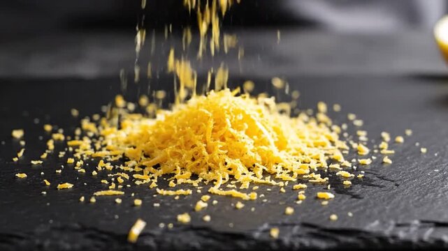 Close-up of fresh lemon zest falling on a dark textured surface, ingredient preparation for cooking and baking