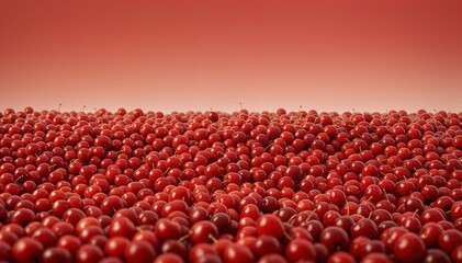 Large Pile of Ripe Red Cherries against a Soft Gradient Background, Abundance of Fresh Summer Fruit for Food Packaging and Culinary Content