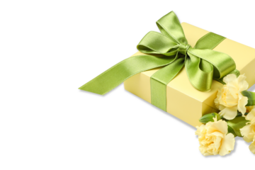 Bright yellow gift box with green ribbon and flowers, isolated, PNG