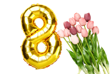 Colorful tulips and gold 8 for Women's Day, isolated, PNG