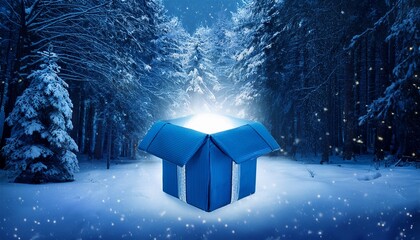 Magical Blue Gift Box Illuminated By Moonlight In A Snowy Forest During A Gentle Snowfall