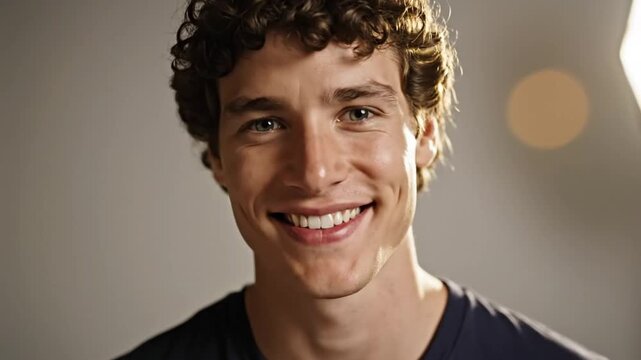 Handsome young man with curly brown hair smiles brightly at the camera in a studio setting.