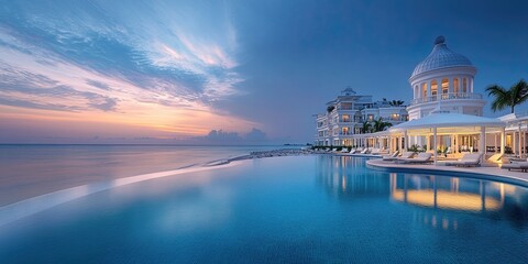 Luxury infinity swimming pool and resort architecture next to ocean at sunset with blue water and pink sky for tropical vacation and hospitality travel concepts