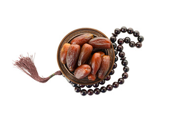 Bowl filled with fresh dates alongside prayer beads, isolated, PNG