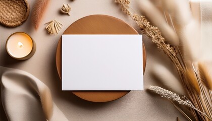 Blank White Card Flat Lay Mockup Minimalist Boho Neutral Tones Ai Generated